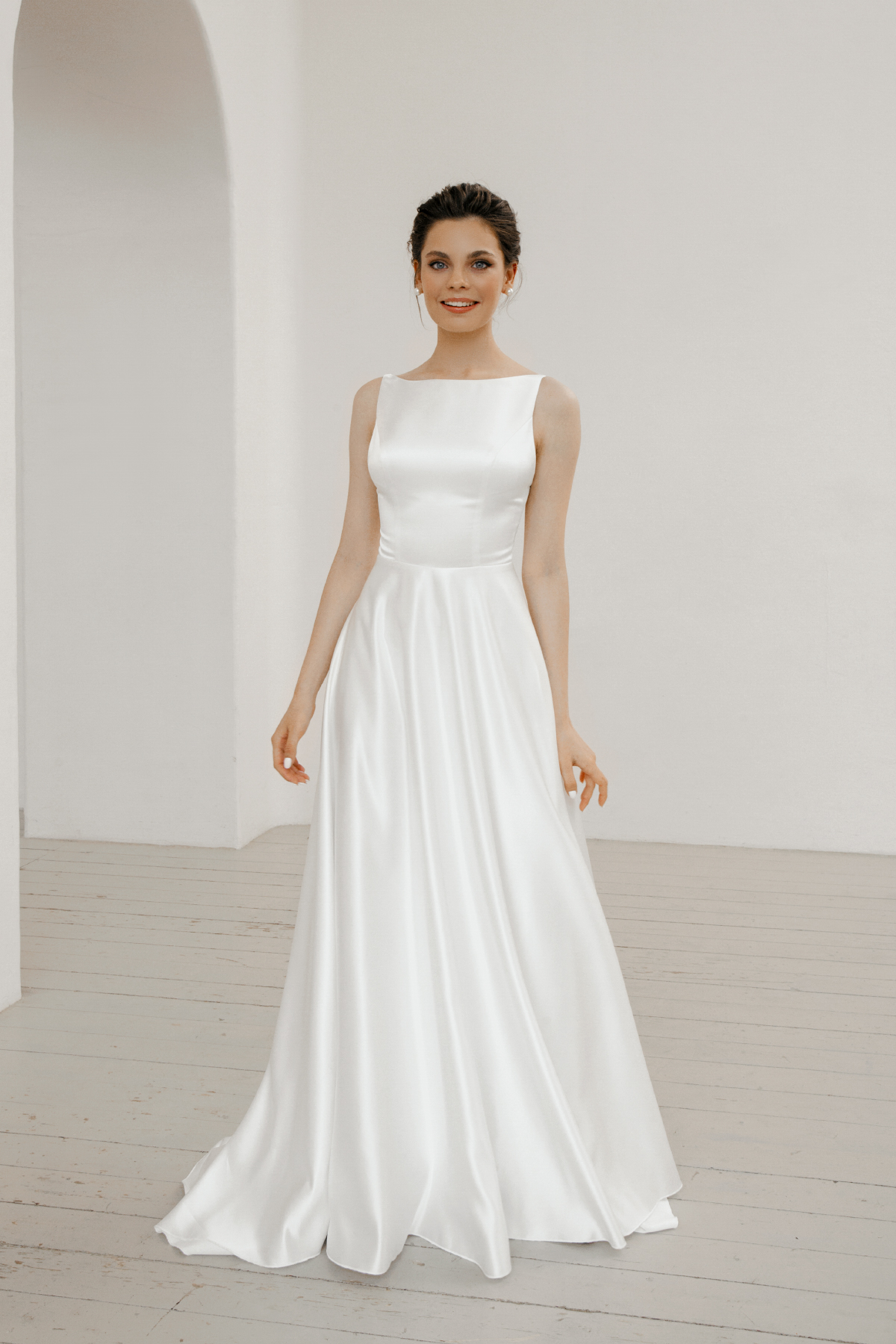 Simple a-line wedding dress. Satin minimalist wedding dress.